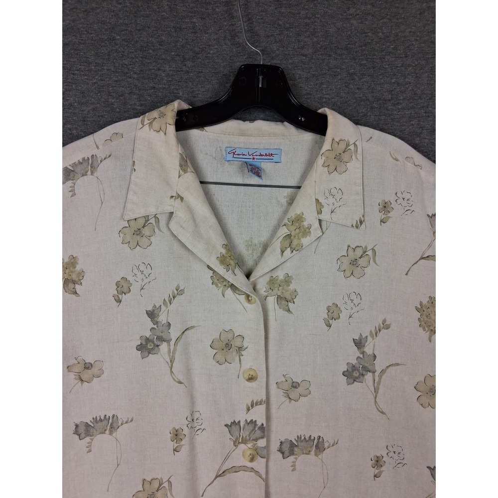Gloria Vanderbilt Womens Shirt 2X Tan Floral Linen Cotton Button Resort Casual